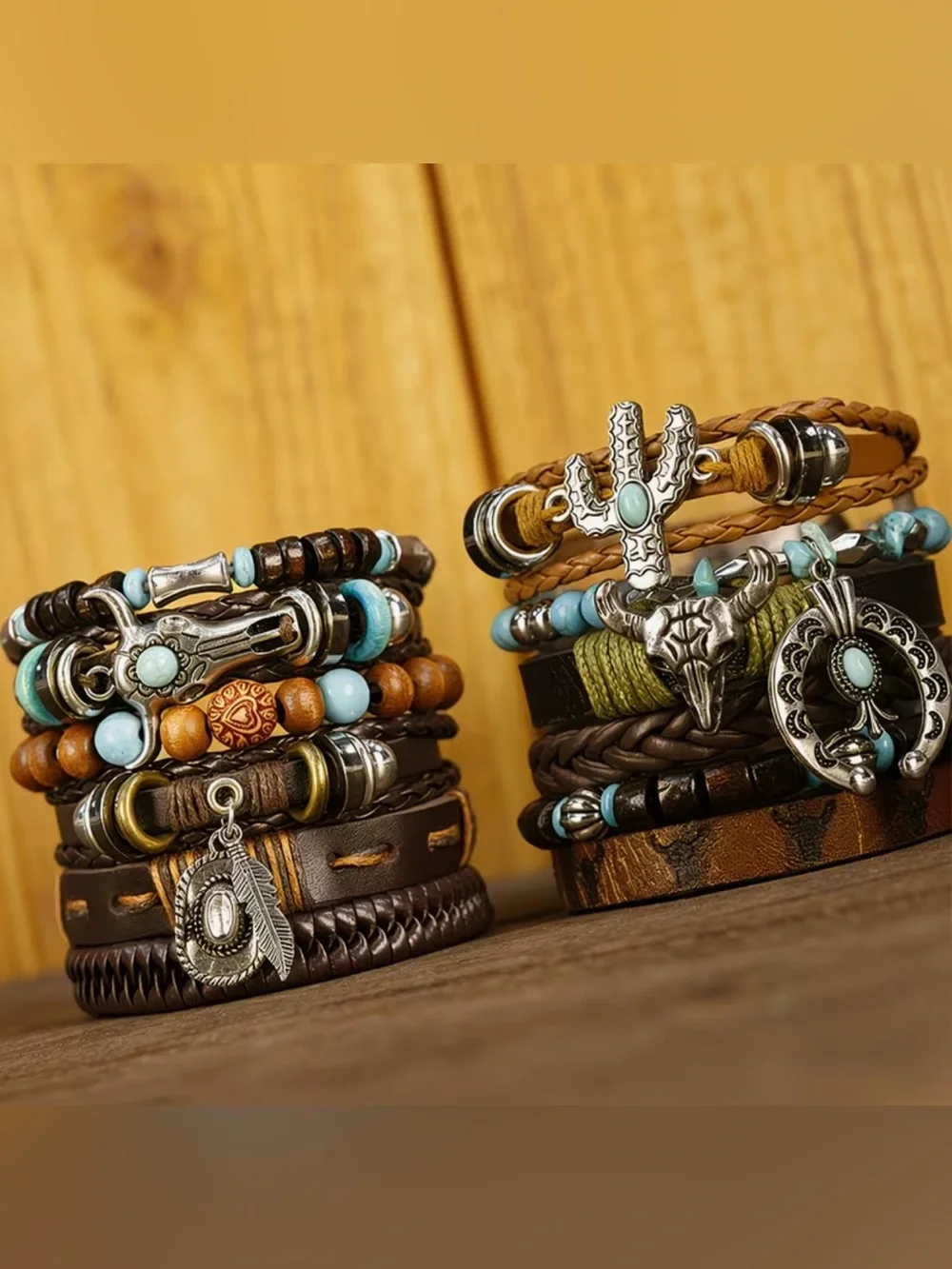 Western Layered Leather & Turquoise Bead Bracelet Stack